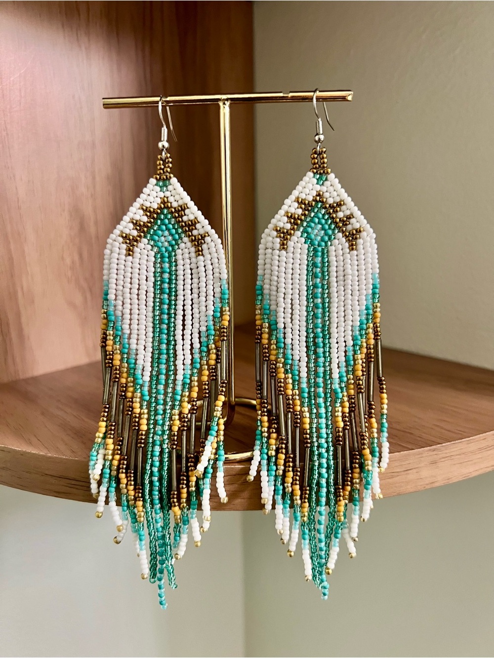 Turquoise White Gold Beaded Fringe Earrings